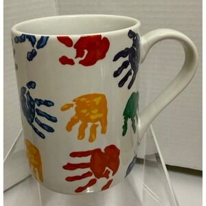 Vintage Style Colorful Handprint Ceramic Coffee Mug White Primary Colors Art